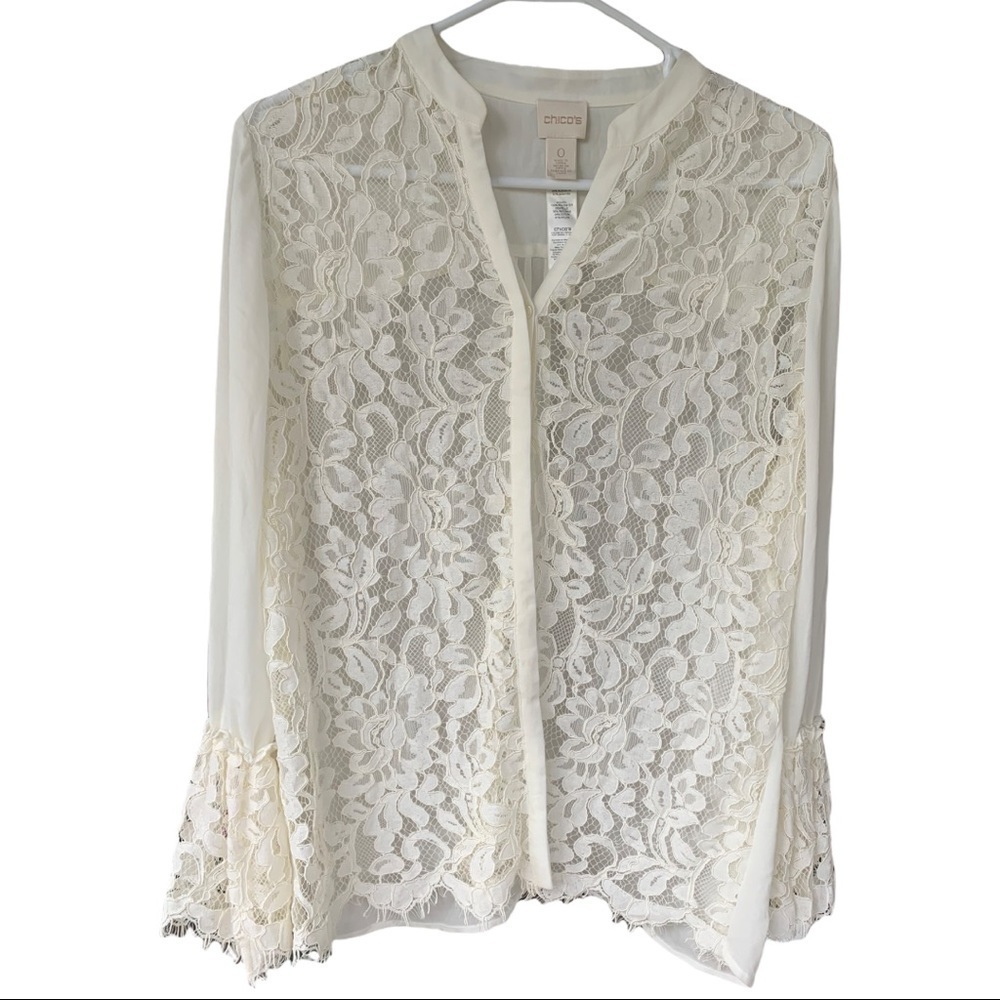 Chico’s Women Ecru Lace Ruffle Button Down Long Sleeve Shirt Off White
